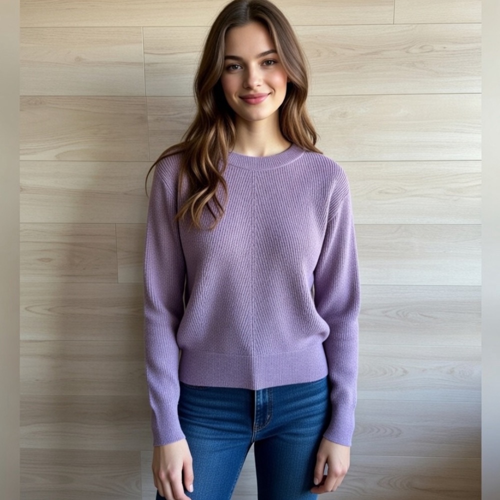 Elodie Mauve  Ribbed Crewneck Pullover Sweater, size XS